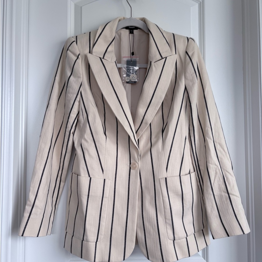 Express Women's Cream and Black Striped Blazer